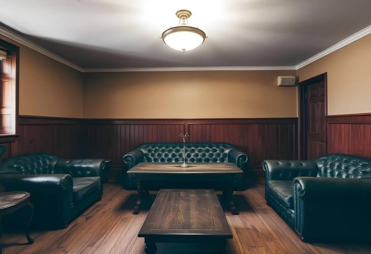 Stylish Vintage Interior with Leather Sofa, Wooden Coffee Table, and Industrial Light